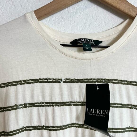 LAUREN RALPH LAUREN CREAM GREEN SEQUIN WOMEN SHORT SLEEVE TOP BRAND NEW - Picture 5 of 6